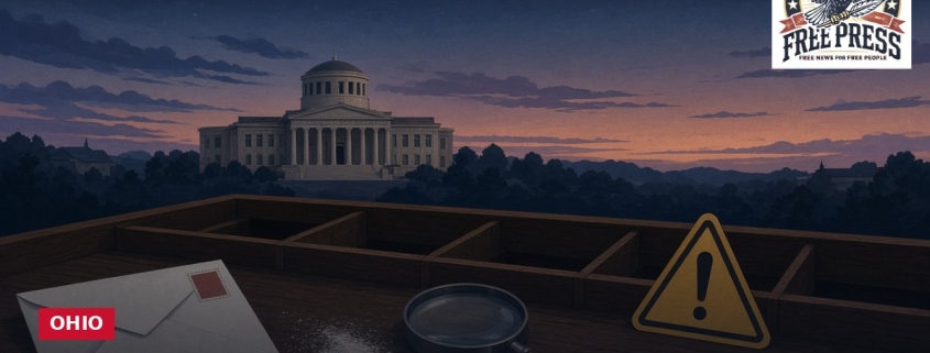 Fostoria News Nighttime view of Ohio Statehouse with news headline about LaRose's office.